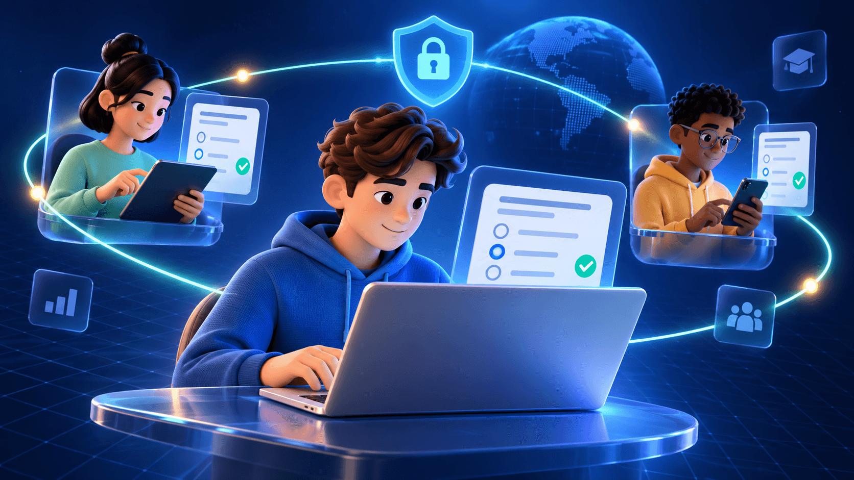 Students taking exams across devices